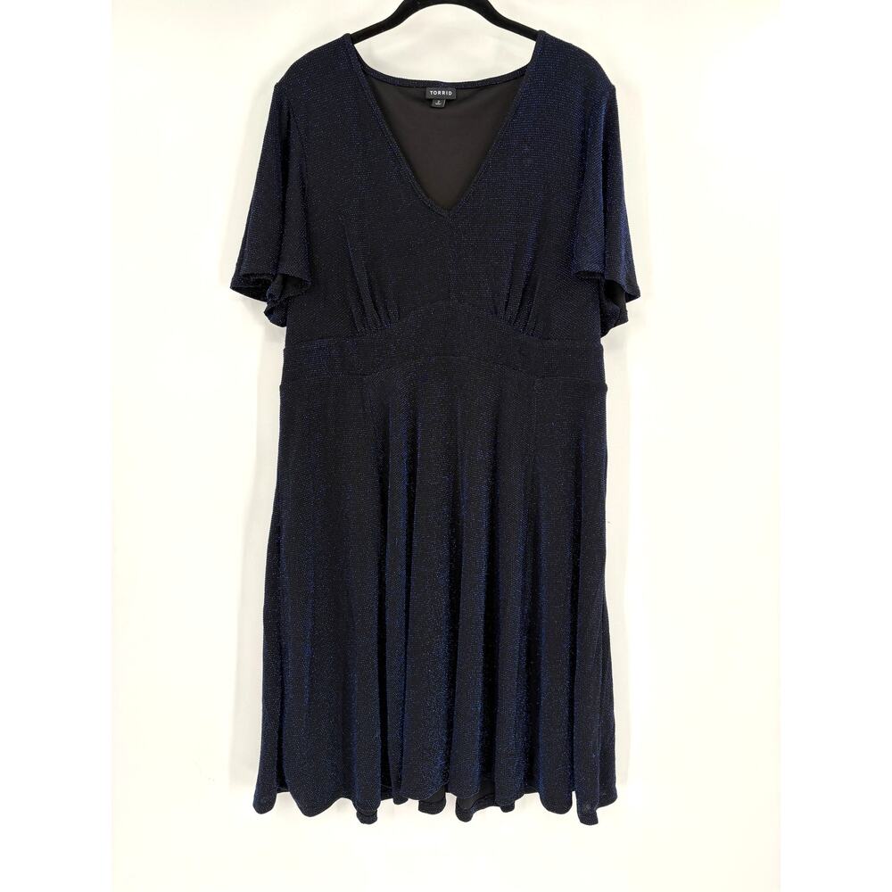 2/$30 TORRID Dress Size 2X / Size 2 Black Blue Shimmer Flutter Slv V Neck Skater